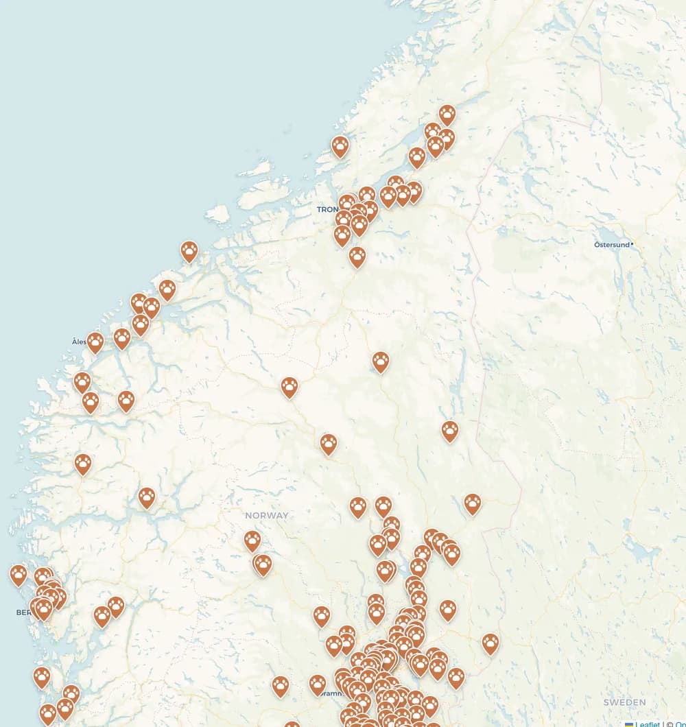 Kart over 215 dyrepensjonater i Norge